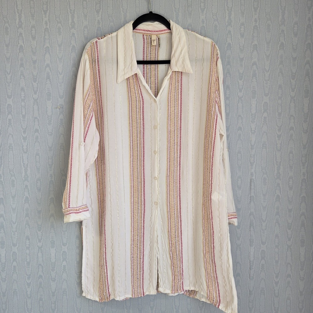 Elan Womens M Tunic Metallic Striped Button Down Beach Boho Lagenlook